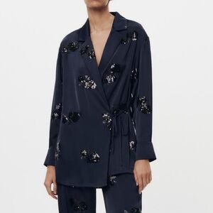 ZARA satin kimono blazer with sequin appliqué adjusting ties navy blue sz large